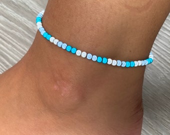 Sky blue, turquoise and white miracle bead anklet