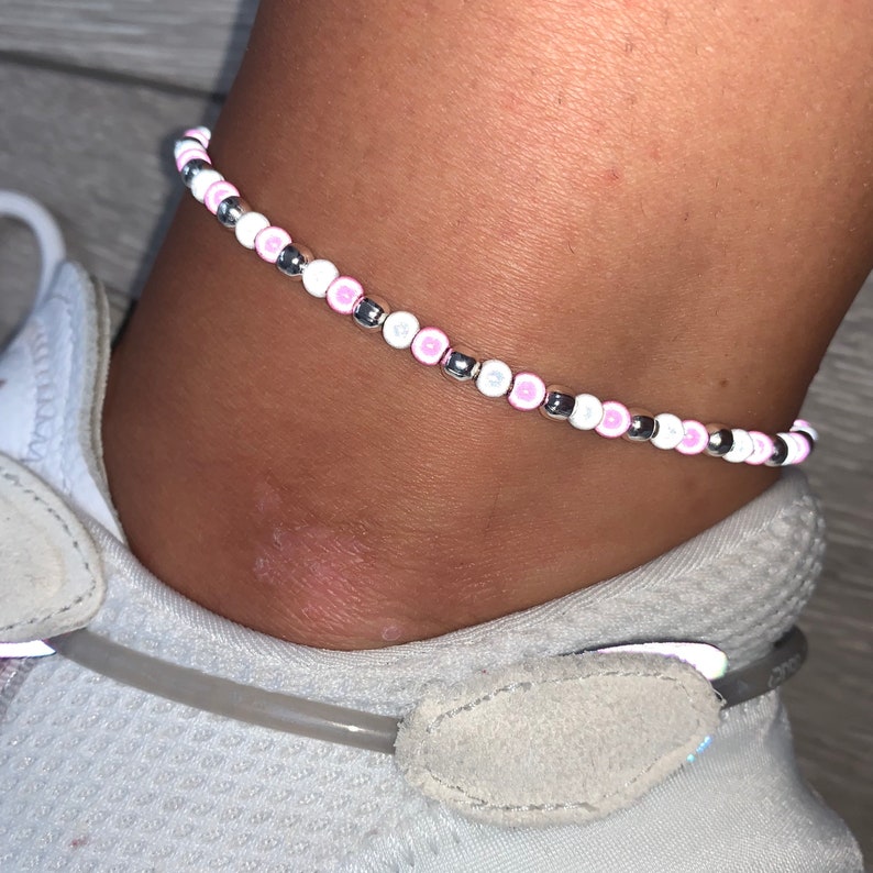 white and silver miracle bead anklet Baby pink