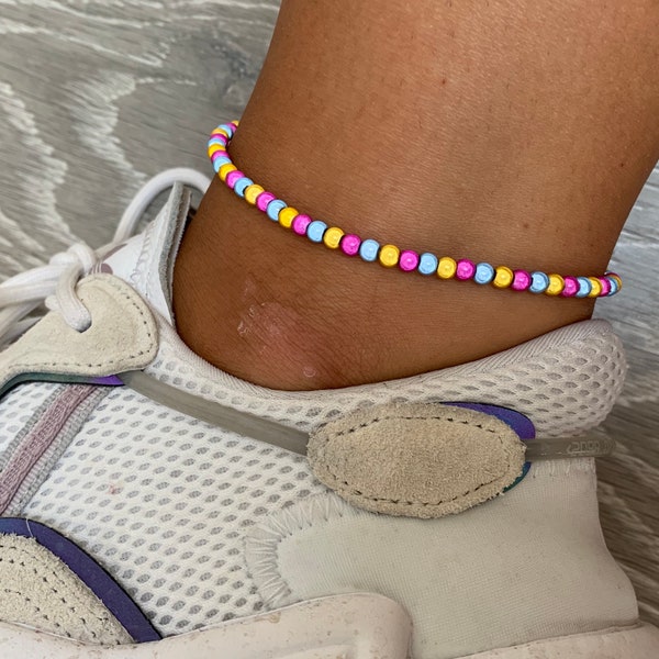 Sky blue, hot pink and yellow miracle bead anklet