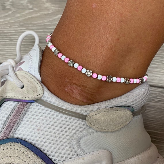 Baby pink and white flower miracle bead anklet