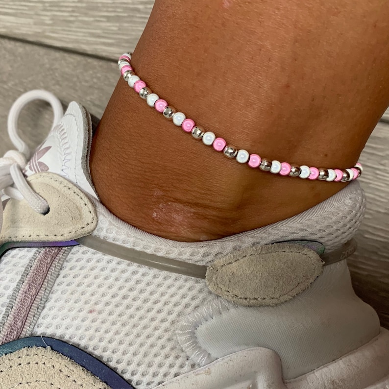 white and silver miracle bead anklet Baby pink