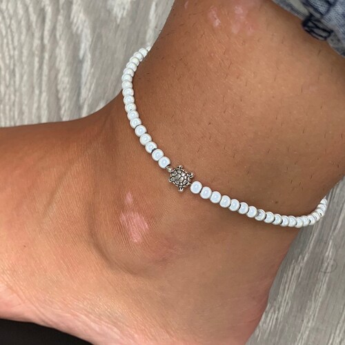 White Miracle Bead Anklet With Turtle Charm Etsy UK