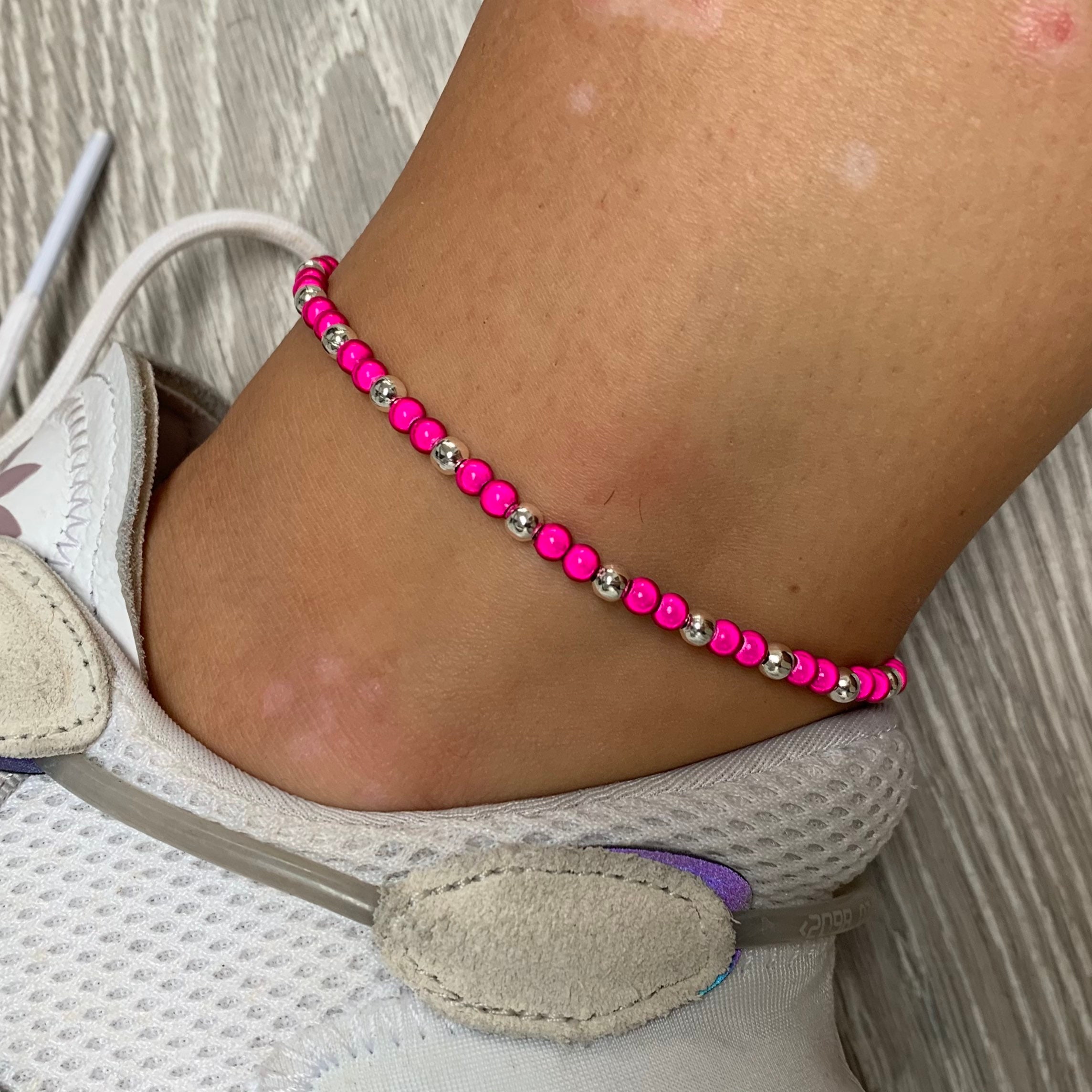 Hot Pink and Silver Miracle Bead Anklet Etsy Israel