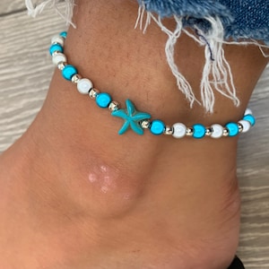 Turquoise, white and silver miracle bead anklet with starfish charm