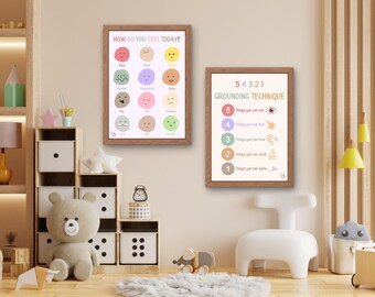 Mindfulness Emotion Chart and Grounding Technique Printable Posters for Kids’ Room or Learning Space