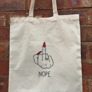 Nope finger hand embroidered tote bag