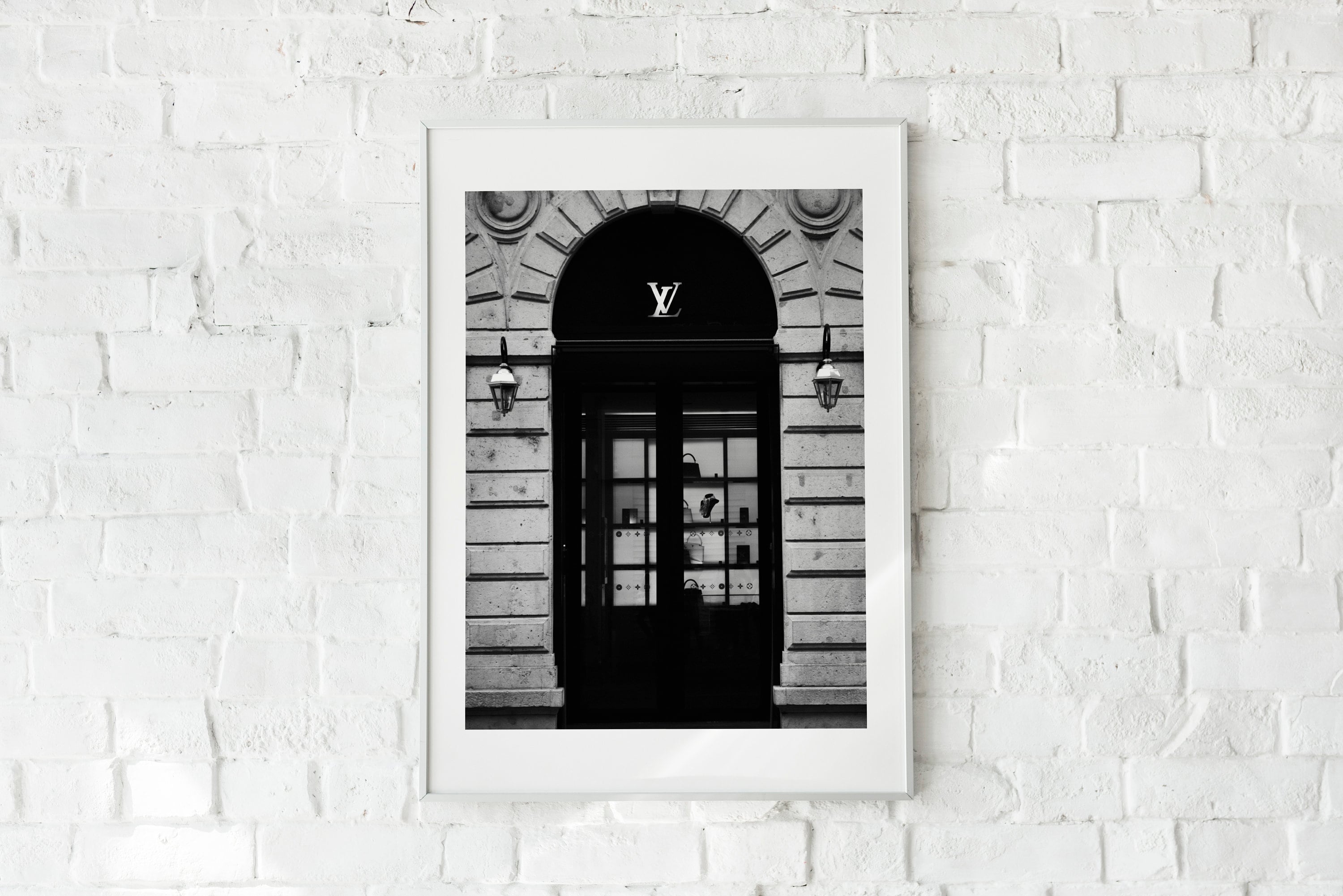 LV Designer Shop Door Black and White. Wall Art Poster Print. 