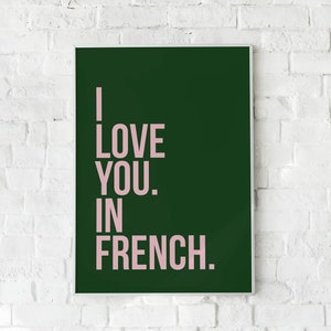 Kocham Cię. Po francusku. Plakat ścienny. A5, A4 lub A3 50 x 70 cm dowolny rozmiar Zielony i różowy