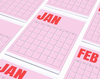 May include: Pink printable calendar pages with the months January, February, and a partial view of a third page with January. The months are written in bold red letters.