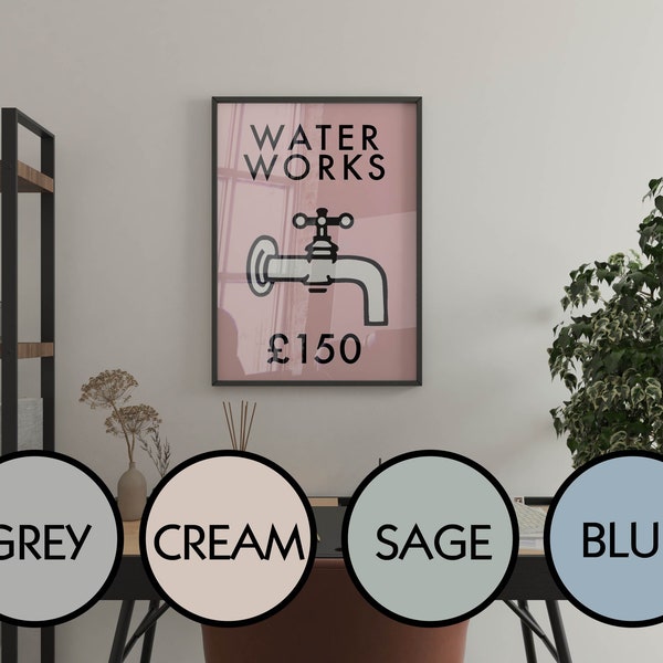 Pink, Blue, Grey, Beige, Sage. Monopoly Water Works. Monopoly Print. Bathroom. Toilet. poster art