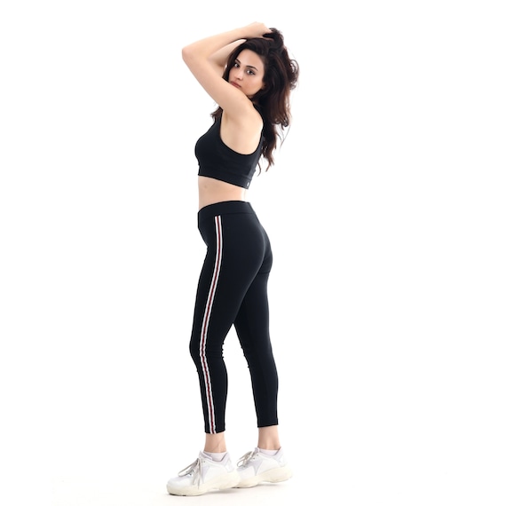 Black Yoga Leggings With Red Stripe, Winter Workout Pants for