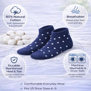 May include: A pair of navy blue ankle socks with a white polka dot pattern. The socks feature 80% natural cotton, a reinforced heel and toe, and are machine washable and dryer safe. They are designed to fit US shoe sizes 6-9.