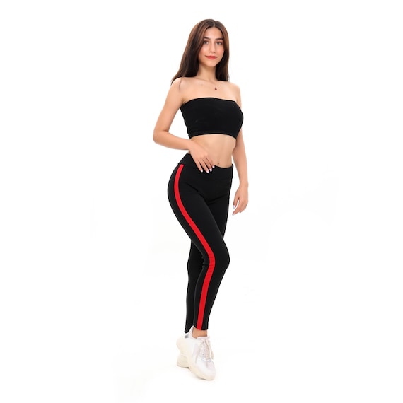 Womens Red Striped Athletic Leggings Warm Leggings L Workout