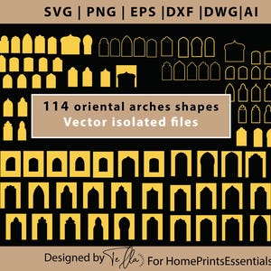 May include: A black background displays 114 gold-colored oriental arch shapes in various designs. The text reads "114 oriental arches shapes, Vector isolated files." The top of the image has file type abbreviations: SVG, PNG, EPS, DXF, DWG, and AI.