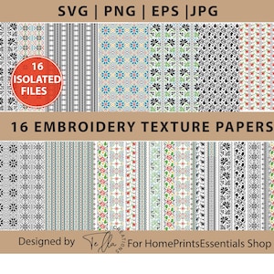 May include: A set of 16 digital papers featuring embroidery textures. The papers are in black and white, with some featuring colorful floral patterns. The papers are perfect for crafting, scrapbooking, and digital design.