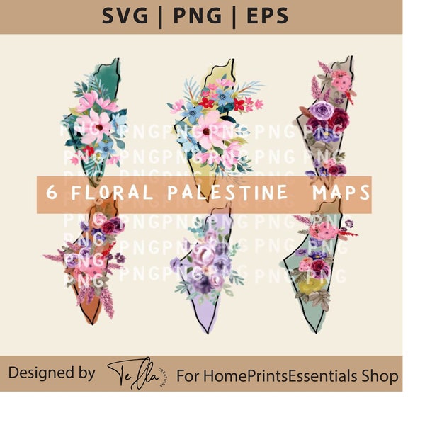 Floral Palestine map svg, Palestine Map Floral Clipart Image png Vector File Bundle Palestinian Map Svg Clipart for Cricut Print Pack Svg