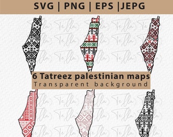 6 vector Tatreez Palestina kaarten svg, Palestijnse borduurwerk kaarten png, Palestijnse kruissteek Digitale Clipart, Cricut tatreez Palestina kaart