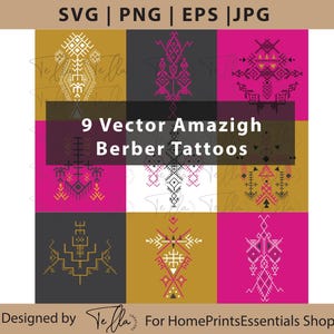 9 Amazigh Symbol SVG Bundle - Berber Tribal Vector Designs för Cricut - Marockanska geometriska mönster, Amazigh Berber-tatueringar, kommersiellt bruk