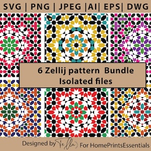 Puede incluir: Un paquete de arte digital con seis patrones Zellij coloridos. Los diseños incluyen formas geométricas en varios colores como rojo, verde, negro, amarillo y azul. El texto dice "6 Zellij pattern Bundle Isolated files".