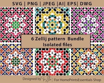 Marokkaanse Zellij-patroonbundel | 6 Islamitische geometrische tegels SVG PNG dxf | EPS | dwg | Mozaïek lasergesneden CNC-ontwerp | tegelillustratie Kunsttegel