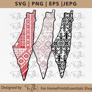 May include: Three outline images of the country of Israel, each filled with a different geometric pattern. The first image is filled with a red and white pattern, the second image is filled with a pink and white pattern, and the third image is filled with a black and white pattern.