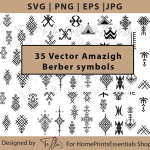 May include: A set of 35 black vector Amazigh Berber symbols on a white background. The image includes the text "35 Vector Amazigh Berber symbols". The design is for HomePrintsEssentials Shop.