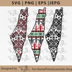 May include: Three outline maps of Israel with different geometric patterns. The patterns are red and white, green and red, and black and white.