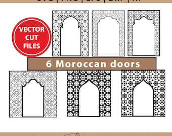 Bundel van 6 decoratieve deuren met Arabische en Marokkaanse patronen, vensterboog CNC- en lasersnijbestanden SVG, DXF, CDR. Mchrab oosters patroon.