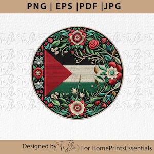 Könnte beinhalten: Ein kreisförmiges Design mit einem stilisierten Blumenmuster, das die palästinensische Flagge umgibt. Die Flagge ist rot, weiß, schwarz und grün. Die Blumen sind rot, weiß und grün.