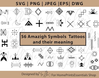 56 Amazigh-symbooltatoeages SVG-bundel - Berber-stamvectorontwerpen voor Cricut, betekenis van Amazigh Berber-tatoeages, commercieel gebruik