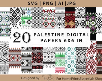 20 Palestina digitale papieren, vector Tatreez patroon, Palestijnse sjaal print, Palestijnse Keffiyeh, Palestijnse kruissteek digitale clipart