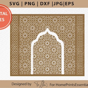 Peut inclure: Un motif de fichier numérique avec un motif géométrique marron et une arche blanche. Le motif comprend le texte "SVG | PNG | DXF | JPG | EPS" et "DIGITAL FILES". Conçu par Tefla pour HomePrintsEssentials Shop.