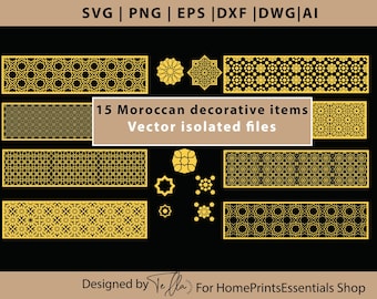 Bundel van 15 decoratieve SVG-panelen met Marokkaanse patronen, CNC-lasergesneden bestanden SVG, DXF, CDR. Transparante PNG. Arabisch ornamentpatroon.