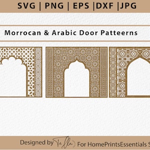 Peut inclure: Trois fichiers de découpe numériques de motifs de portes marocaines et arabes. Chaque motif présente un design géométrique détaillé avec une porte cintrée.