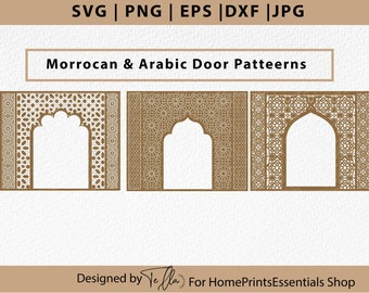 Set van 3 decoratieve deuren met Arabische en Marokkaanse patronen, raamboog CNC- en lasersnijbestanden Svg, Dxf, Cdr.  Mhrab oosters patroon