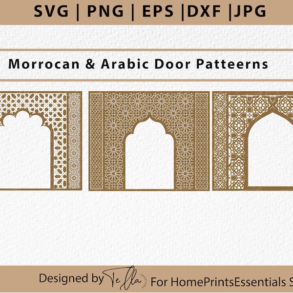 Set aus 3 dekorativen Türen mit arabischen und marokkanischen Mustern, Fensterbogen CNC & Laserschneiddateien Svg, Dxf, Cdr. Mchrab orientalisches Muster
