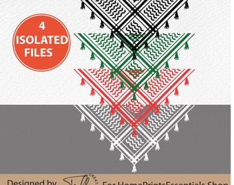 May include: Four digital files of a traditional Palestinian keffiyeh, or shemagh, in black and white, red and white, green and white, and gray and white. The keffiyehs are arranged in a stack, with the black and white keffiyeh on top.