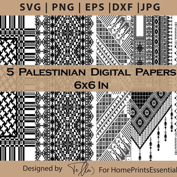 5 Palestine Digital Papers, vector tatreez pattern, Palestinian scarf Print, Palestinian Keffiyeh, Palestinian cross stitch Digital Clipart