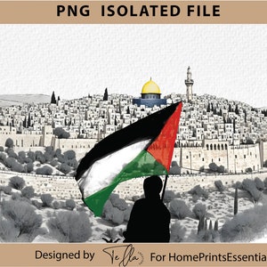 Peut inclure: Un croquis en noir et blanc d'une ville avec un bâtiment au dôme doré en arrière-plan. Une personne tient un drapeau palestinien devant la ville.