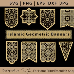 Op de afbeelding: Set van acht gouden islamitische geometrische bannerontwerpen. De banners zijn in verschillende vormen, waaronder een ster, een rechthoek en een driehoek. De ontwerpen zijn ingewikkeld en gedetailleerd, met een herhalend patroon van geometrische vormen.