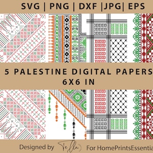 Peut inclure: Cinq motifs de papier numérique représentant des motifs traditionnels de broderie palestinienne en rouge, vert, noir et blanc. Chaque motif mesure 15,24 cm sur 15,24 cm.