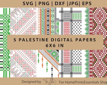 5 Palestina digitale papieren, vector tatreez cricut, Palestijnse sjaal print, Palestijnse Keffiyeh, Palestijnse kruissteek digitale clipart