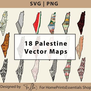 Pode incluir: Uma coleção de 18 mapas vetoriais da Palestina em vários designs, incluindo uma fatia de melancia, um ramo de oliveira e motivos estampados. Os mapas estão em formatos SVG e PNG. O texto "18 Palestine Vector Maps" é exibido em um retângulo branco.