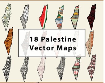18 vector Tatreez Palestina kaarten bundel, Palestijnse borduurkaarten png, Cricut tatreez Palestina kaart, Palestina svg kleurrijke kaarten, kaart svg