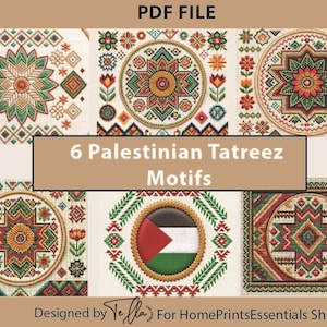 Könnte beinhalten: Eine digitale PDF-Datei mit sechs palästinensischen Tatreez-Motiven. Die Designs zeigen komplizierte geometrische Muster in Rot-, Grün-, Orange- und Brauntönen. Der Text "6 Palestinian Tatreez Motifs" ist deutlich sichtbar.