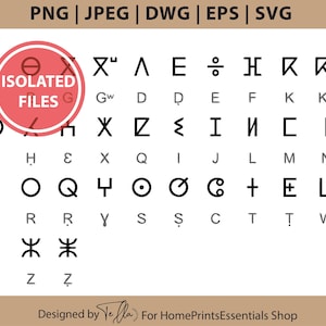 May include: A selection of black glyphs and symbols, including letters and abstract shapes, on a white background. The image includes the text "PNG | JPEG | DWG | EPS | SVG" and "ISOLATED FILES". The design is by Vefla for HomePrintsEssentials Shop.