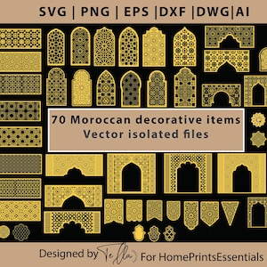 Peut inclure: Ensemble de 70 éléments décoratifs marocains en format vectoriel. Les motifs comprennent des motifs complexes, des arches et des formes géométriques dorées sur fond noir. Le texte comprend "SVG | PNG | EPS | DXF | DWG | AI" et "70 éléments décoratifs marocains".