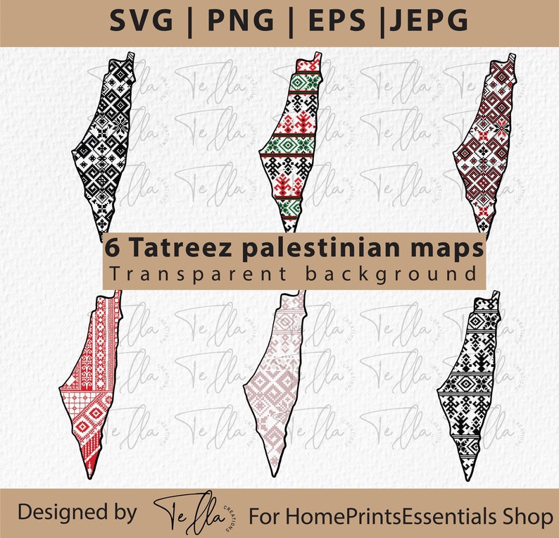 May include: Six digital downloads of Palestinian maps with traditional Tatreez embroidery patterns. The maps are in black and white, red and white, green and white, and red and black. The maps have a transparent background.