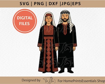 Clipart van een Palestijns echtpaar - Traditionele Palestijnse jurk PNG, Platte stijl Midden-Oosterse huwelijksillustratie, Clipart van cultureel erfgoed