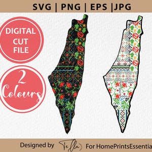 Op de afbeelding: Twee digitale snijbestanden van de omtrek van Israël, een met een zwart-groen patroon en de andere met een wit-groen patroon. De tekst "2 Kleuren" en "Digitaal Snijbestand" is ook in de afbeelding opgenomen.